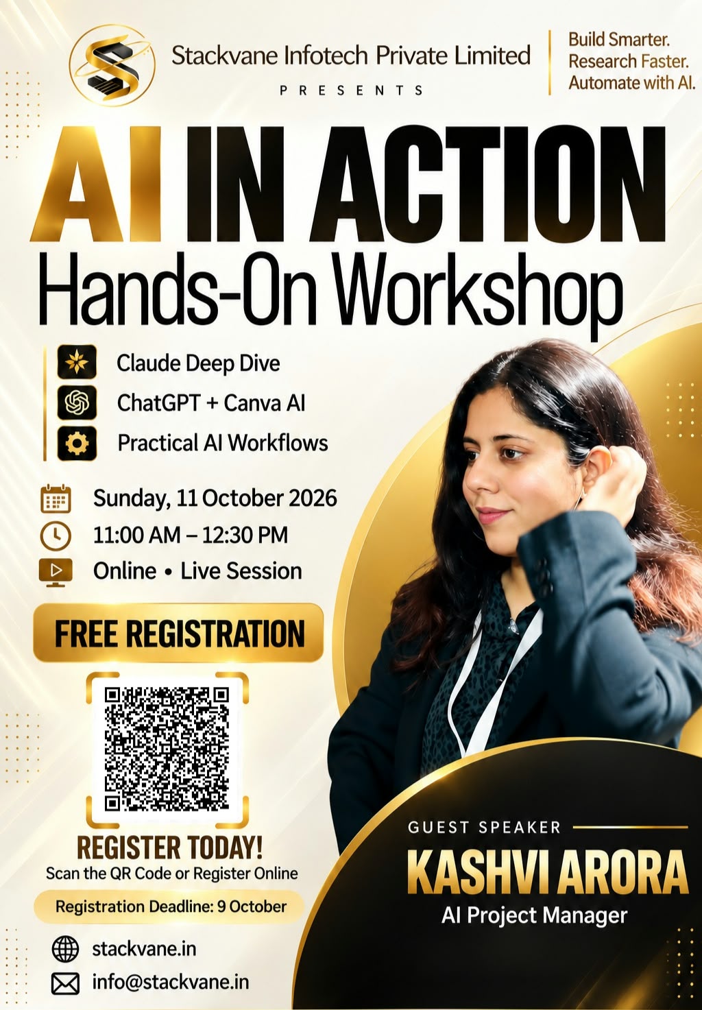 AI in Action – Hands-On Workshop poster: free live session by Stackvane Infotech with Kashvi Arora on Sunday, 11 October 2026